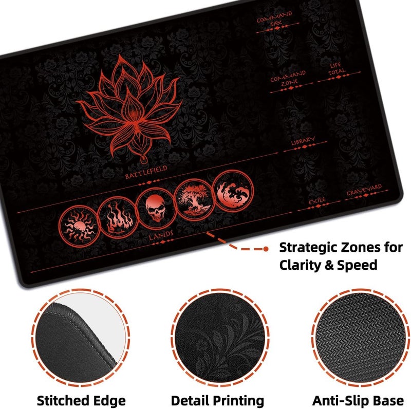 FROGIGO MTG Playmat with Play Zones – Magic Play mat Card Game Mat for Magic The Gathering, Lotus & Basic Lands Design, 24x14 inch, Stitched Edge, Non-Slip Base with Prismatic Playmat Tube-Red Zone - Image 3